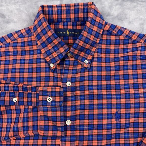 Ralph Lauren Shirt Mens Size Medium Orange Blue Plaid Long Sleeve Button Down - Picture 1 of 9